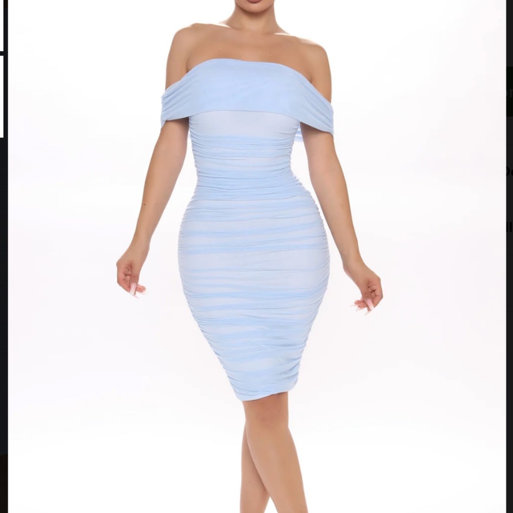Fashion Nova Light Blue Off-Shoulder Midi Dress